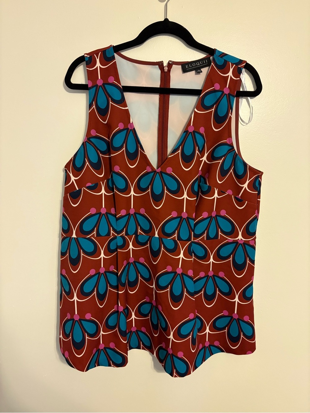Eloquii Teal & Rust Floral V-Neck Sleeveless Top